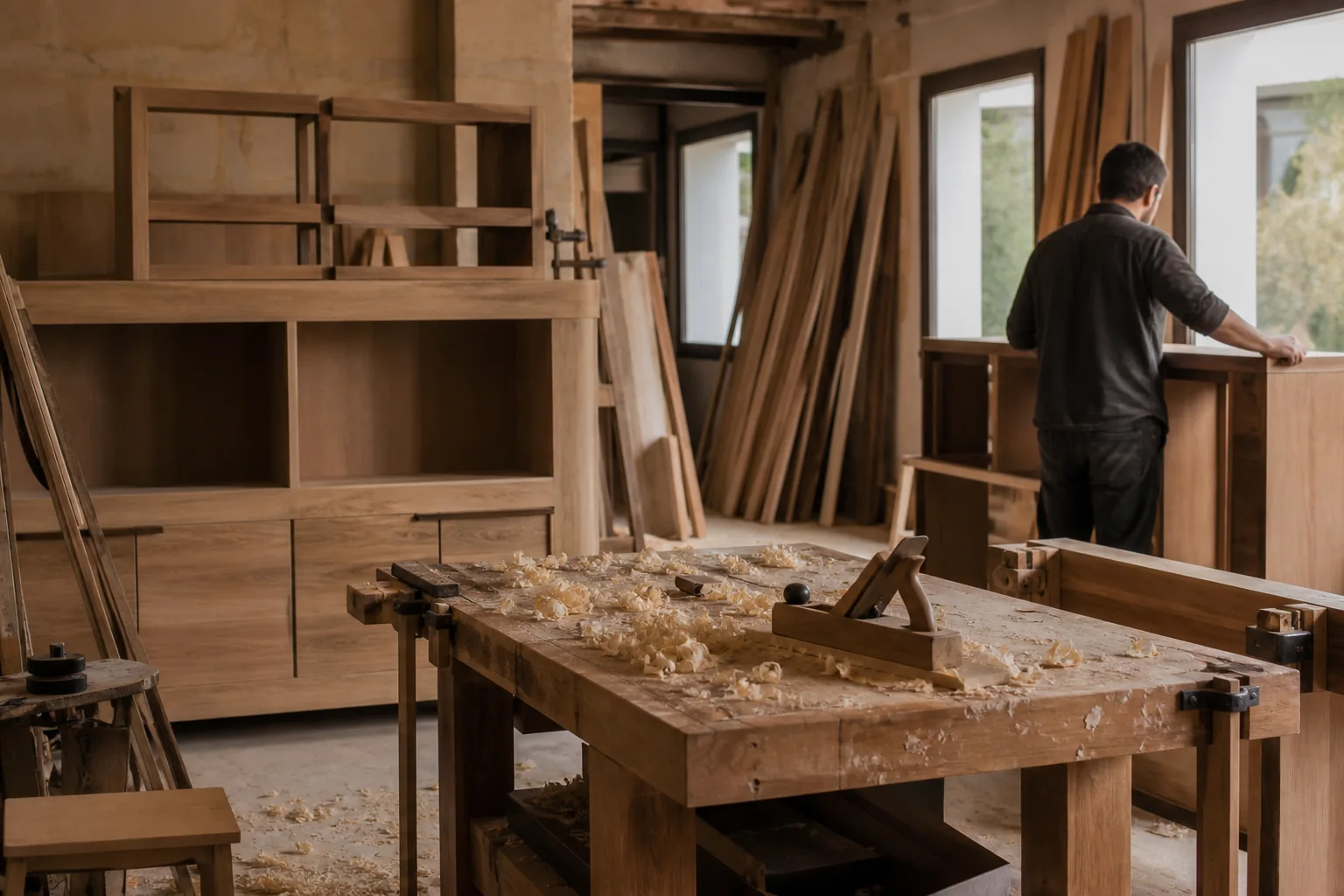 Taller de carpintería de madera con mobiliario de roble en fabricación
