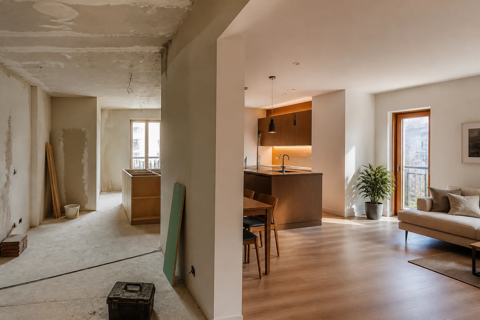 Interior reformado con cocina y salón contemporáneos